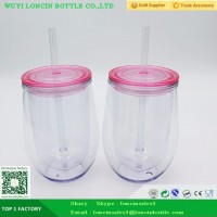 12oz Double Wall Plastic Drink Cup,Acrylic Clear Round Shaped Water Cup With Straw,Thermos Plastic Coffee Mug Juice Tumbler